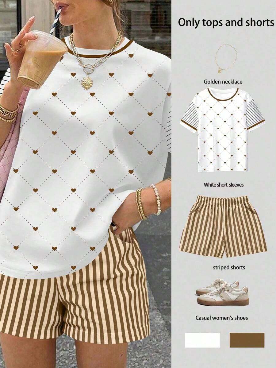 2 piezas Conjunto casual de mujer con camiseta con estampado de leopardo y lazo decorativo + shorts a rayas - Café integral 3 - Ver 1