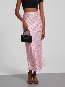 Falda larga de satén con cintura elástica de moda para mujer, ideal para vacaciones - Lunares rosas - Ver 8
