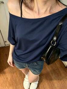 女款露肩短袖T恤，常規長度，聚酯纖維高彈力面料，夏季白色上衣，適合辦公室與日常休閒穿著 - 藍色 - 查看 12
