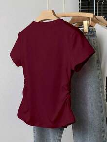 Camiseta ajustada de mujer con estampado de letras, silueta estilizante, estilo casual/al aire libre, nueva llegada de verano, color rojo - Burdeos - Ver 2