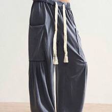 BohoFeels Plus Size Drawstring Waist Loose Pocket Wide Leg Pants - Verde militar - Ver 7