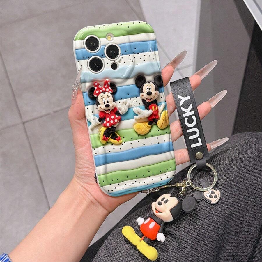 Disney Mickey Mouse Clubhouse Phone Case : 3D Fluffy Pattern Border Protector Phone Soft Phone Case With A Free Cute Mickey Bracelet Chain Lanyard, Mickey, Minnie, Goofy, Donald Duck, Daisy Duck, Pluto, For Apple 17 Promax 17 Pro 16 15 14 13 12 11 Pro Max XS Max X XR Soft Cover Summer Phone Case - trắng - Xem 1