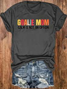 GOALIE MOM Is NOT AN OPTION Text Colorful Font S Gatherings Soccer Mom Outings Casual Attire Round-Neck Pullover Comfortable And Soft Women's T-Shirt - 灰色 - 查看 1