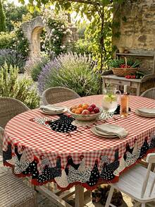 1 pieza Mantel de mesa con estampado de pollo a cuadros rojos, estilo rústico de granja y país, de poliéster ovalado con patrón de gallo y gallina blanco y negro, mantel a cuadros para picnic, mantel decorativo para comedor - Multicolor - Ver 17