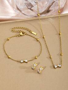 Bộ 3 món trang sức thanh lịch bằng thép không gỉ đính đá Zirconia hình bướm, gồm dây chuyền, vòng tay và bông tai, thích hợp làm quà tặng trang sức hàng ngày cho phụ nữ và bé gái. - Vàng - Xem 4