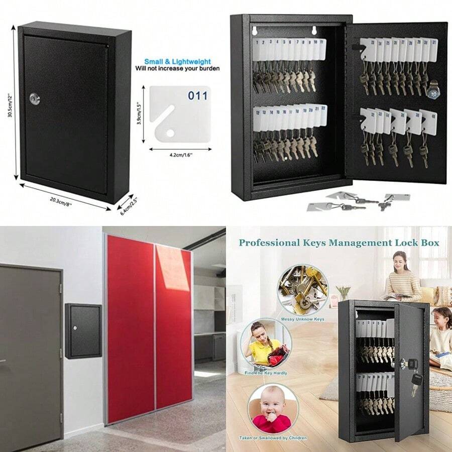 KYODOLED - Caja almacenamiento para llaves con 40 llaves, ganchos y etiquetas para el hogar, oficina, gestión comercial, 2.5 pulgadas de profundidad x 8.1 pulgadas de ancho x 12.1 - Negro40 K cerradura de llave - Ver 1