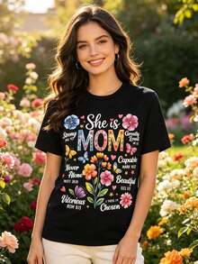 Camiseta de Mujer "Ella Es Mamá" con Versículos Bíblicos, Estilo Boho Floral, para el Día de la Madre, Blusa Casual de Manga Corta, Cuello Redondo, Lavable a Máquina, Primavera Verano - Negro - Ver 2