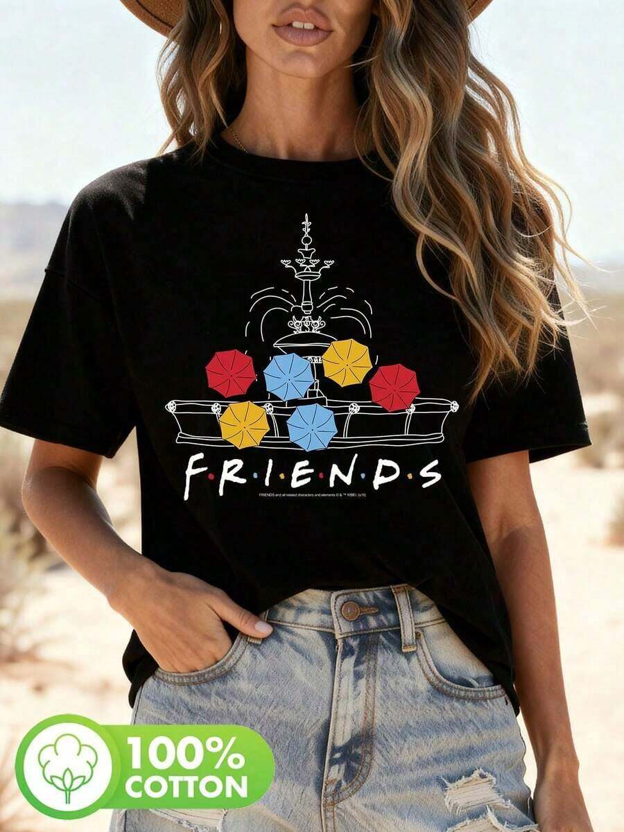 Diseño simple y versátil: camiseta casual de manga corta para mujer, estampada con un diseño de paraguas y el logotipo de la serie "Friends" - camiseta blanca semitransparente, adecuada para usar en primavera y verano (lavable a máquina), camiseta de puro algodón. - Negro - Ver 1