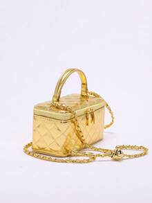 Bolso de Mano Pequeño de Piel Sintética, Color Dorado Metálico Acolchado, Tipo Mini Vanity Bag, Bolso Bandolera con Asa Superior y Cadena Dorada Ajustable, Bolso de Hombro Cuadrado para Fies - Dorado - Ver 9
