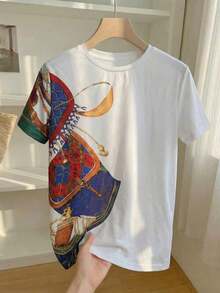 Camiseta casual de mujer de cuello redondo y manga corta con estampado digital de leopardo, regalo para amigos - Blanco - Ver 4