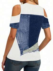 Camiseta de hombros descubiertos en degradado, camiseta casual de verano de manga corta y cuello en V para mujeres - Blanco - Ver 2