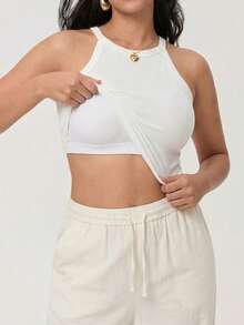 Plus Size Ribbed Knit Spaghetti Strap Tank Top, Built-In Padded Cups, Sexy Seamless Wire-Free Camisole, Sleeveless Summer Cropped Top - White - View 2