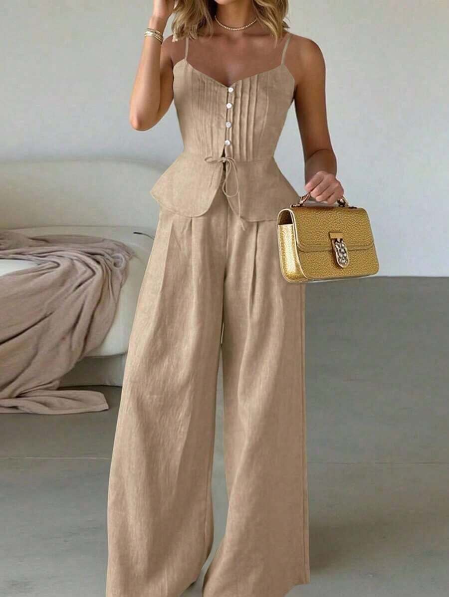 Set de 2 piezas: Top de tirantes ajustado informal con nudo delantero y pantalón de pierna ancha - Caqui - Ver 1