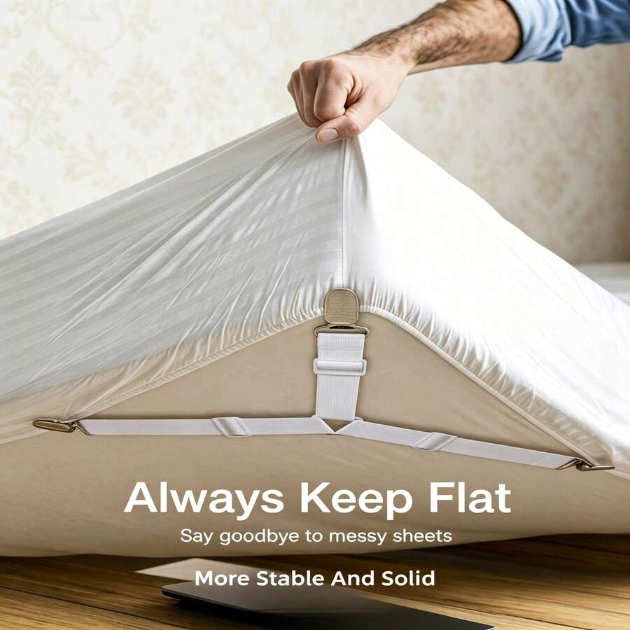 Bộ 4 kẹp tam giác giữ chăn, kẹp kim loại điều chỉnh được, dây thun co giãn, dụng cụ cố định chăn, dây đai chống trượt vô hình tiện dụng, thích hợp cho đệm sofa, chăn ga, đồ dệt gia dụng, đồ dùng gia đình - Màu trắng - Trắng - Xem 1