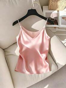 Elegante camiseta de satén con escote en V francés delicado y decoración de perlas, adecuada como prenda de superposición para mujeres - Rosa - Ver 3