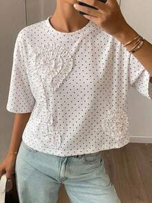 Blusa casual de verano para mujer con cuello redondo, manga corta suelta y 3D plisada con flor - Blanco - Ver 7