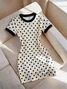 Vestido de mujer de manga corta con cuello redondo y rayas versátil - Blanco y Negro 2 - Ver 1
