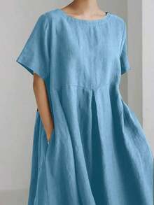 Vestido de lino suelto, casual, elegante y cómodo para mujer.Vestido largo suelto de manga corta, con bolsillo, cuello redondo y unicolor.Ajuste relajado para el verano - Azul - Ver 3