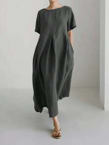 Vestido de lino suelto, casual, elegante y cómodo para mujer.Vestido largo suelto de manga corta, con bolsillo, cuello redondo y unicolor.Ajuste relajado para el verano - Gris - Ver 1