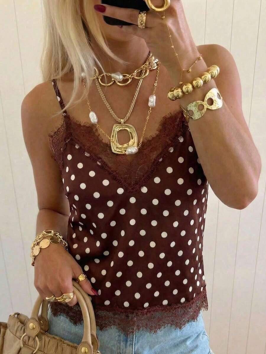 Camiseta de tirantes elegante de unicolor con parches de encaje para el verano - Café integral - Ver 1