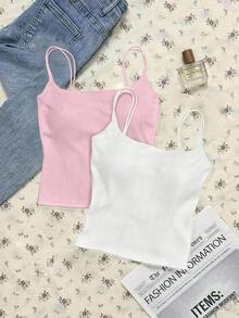 Paquete de 2 tops de camiseta acanalada con sujetador acolchado incorporado - Rosa y Negro/Lunares blancos, tops versátiles casuales para verano y uso en todas las estaciones, estilos suaves y limpios para chica, perfectos para el hogar, la escuela - Negro 6 - Ver 10
