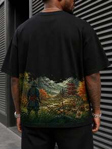 Áo thun nam Fractyr form rộng in hai mặt, họa tiết phong cảnh đền Samurai Nhật Bản, phong cách Ukiyo-E cổ điển, áo top dạo phố casual mềm mại tay ngắn cổ tròn phù hợp đi chơi đô thị - màu đen - Xem 4