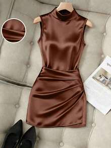 Nuevo vestido de mujer de moda con cuello alto brillante, sin mangas, cintura fruncida y asimétrico de ajuste ceñido - Marrón - Ver 6