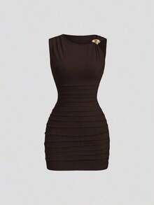 Conjunto de 2 piezas de moda europea y americana para mujer, vestido mini versátil casual y de oficina con decoración metálica retorcida y asimétrica - Multicolor 3 - Ver 6