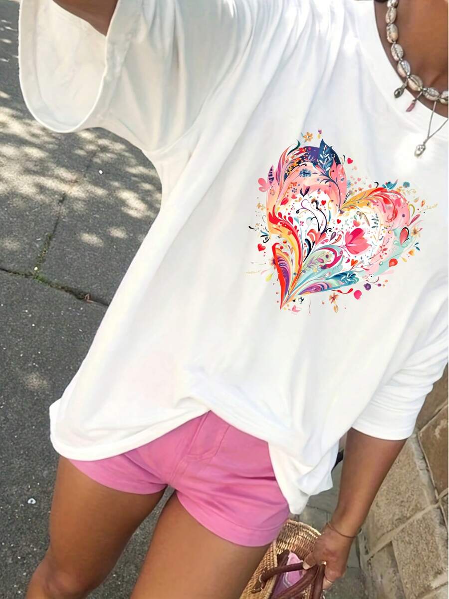 Women Pure Cotton T Shirt With Colorful Heart Floral Print Elegant Cute Summer Top For Casual Outings Beach Parties Y2k Fashion Trendy Streetwear High Quality Summer Wear Fun Graphic Tee For Women - Blanco - Ver 1