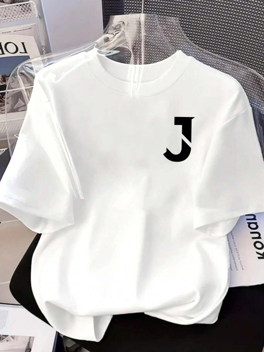 Women's Loose-Fitting T-Shirt With Abstract Graphic Letter J Print - White With Black Digital Print, Short Sleeve, Round Neck, Casual Top For Spring And Summer, Casual And Layering Outfit, Machine Washable, Comfortable For All Seasons, Layering Piece, Summer Outfit, Fashion, Soft Fabric, Breathable Material, Printed T-Shirt, For Women, Fashion Lovers, Y2k, T-Shirt, Shirt. - 黑色 - 查看 1