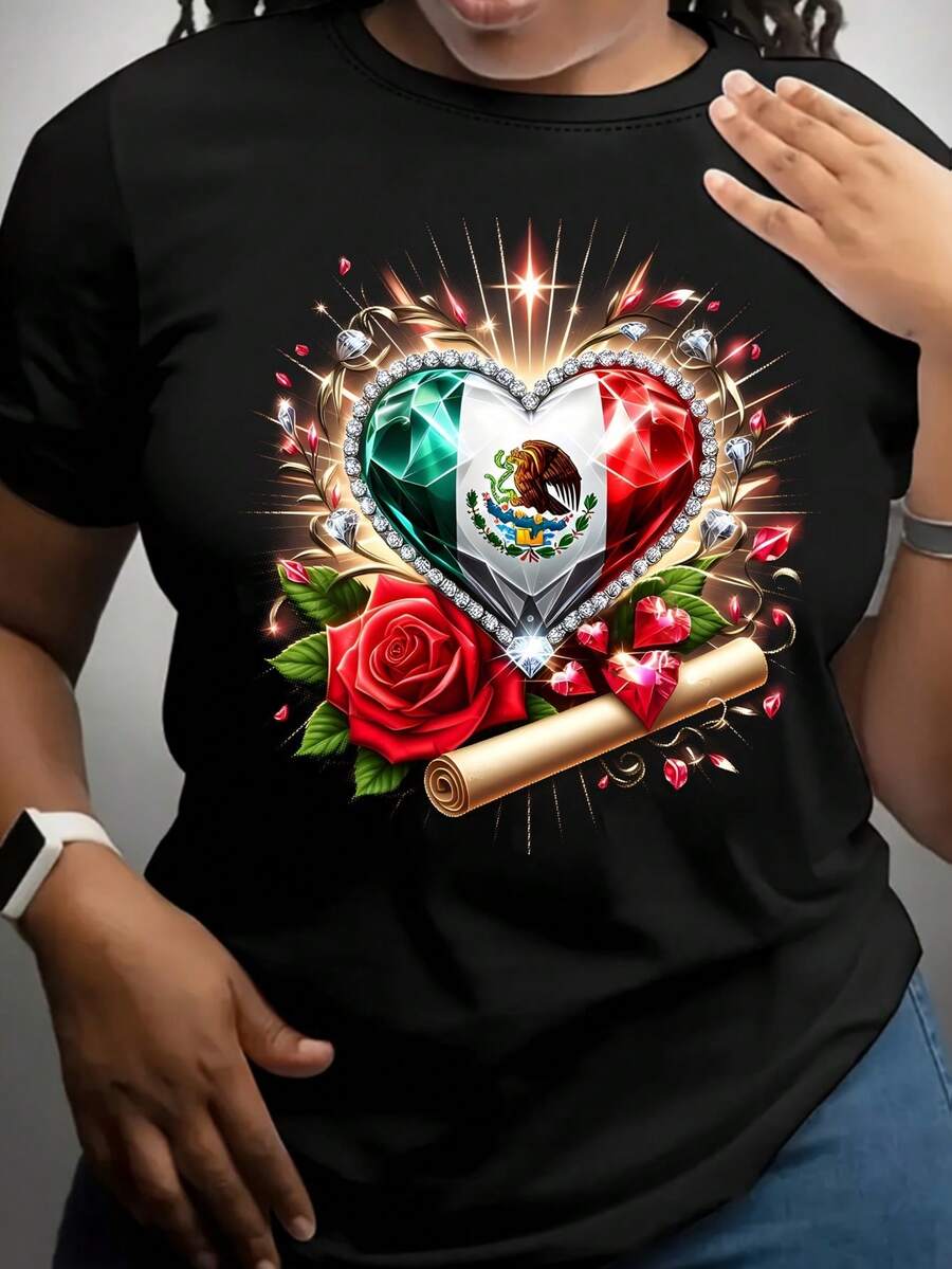 Camiseta de Algodón Negra para Mujer - Diseño de Corazón con Bandera Mexicana, con Motivo de Águila, Rosas y Pergamino, Camiseta Casual Transpirable de Cuello Redondo para Verano, Camiseta con Gráficos Patrióticos Festivos, Atuendo Casual Cómodo, Camiseta Mexicana, Camiseta con Gráficos Vibrantes - Negro - Ver 1