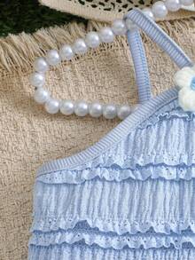 Baby Girls' Layered Ruched Lace Dress With Puff Effect, Paired With Small Bag, Cute And Suitable For Daily Wear And Gatherings, Spring/Summer Gift For Babies - Dusty Blue - View 4