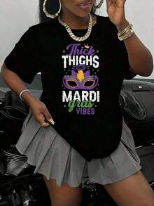 Conjunto para el Día de la Madre, Camiseta Gráfica para Mujer con Estampado de Mardi Gras y New Orleans, Talla Grande, 100% Poliéster, Camiseta Casual de 180g, Divertida, de Manga Corta, 1 Pieza, Cuello Redondo, Tops de Mujer - Negro - Ver 7