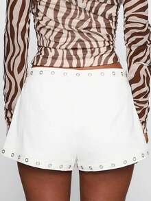 Women Rivet Summer Casual Hot Mini Shorts Mid Rise Y2K Micro Shorts With Zipper - White - View 4