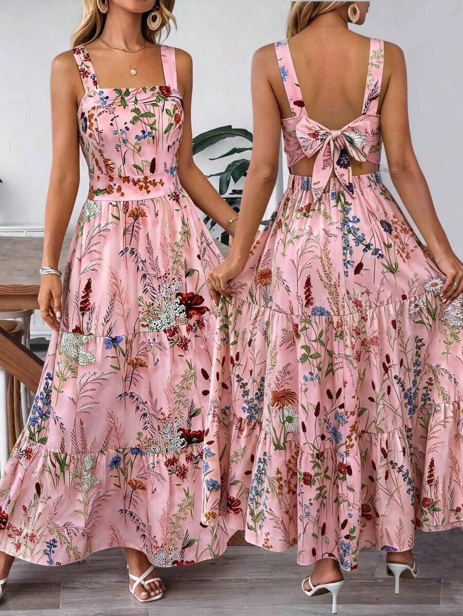 Vestido deslizante casual y elegante con diseño de cintura elástica, lazo de moño y estampado floral para vacaciones y uso diario de mujer - Rosa vieja - Ver 1