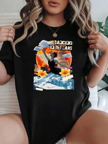 Loose Women's T-Shirt With A "Dancing On Mars" Graphic Print, Available In Black And White. This Casual Summer Top Features A Mountain And Sky Floral Design And Is Perfect For Everyday Wear. It's A Stylish Addition To Any Outfit, From Vacation Looks And Other Summer Styles To More Casual Wear. It's A Versatile Top Suitable For Women, Including Women's Graphic Tees, Summer Tops, And Other Summer Outfits. The Top Is Made Of Cotton And Features A Breathable And Sweat-Absorbent Material. It's Ideal For Easter, Christmas, And Other Occasions. - 黑色 - 查看 8
