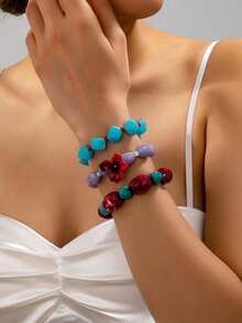 1 pieza Conjunto de pulseras asimétricas con cuentas, diseño de elipse de colores, pulseras apilables con textura de acetato estilo vacaciones Y2K - pulsera de cuentas - Ver 3