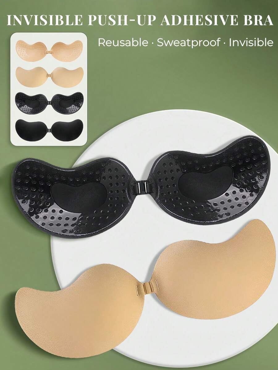 2pcs Invisible Lift Bra, Women Backless Strapless Bra, Seamless Self-Adhesive Breast Petals Pasties, Suitable For Wedding Dress, Skin Color & Black