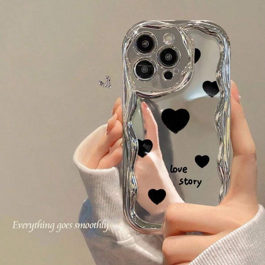 Ốp lưng điện thoại mạ bạc hình lượn sóng với họa tiết trái tim đen, vỏ chống sốc mạ điện cao cấp, chống trầy xước, chống bám vân tay, thiết kế thời trang, tương thích với iPhone 17 16 15 14 13 Pro Max - Nhiều màu - Xem 1