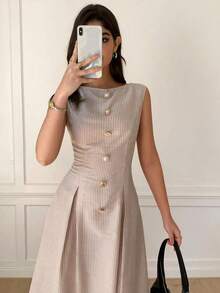 Vestido elegante sin mangas con decoración de sol de metal con estampado de lunares para mujer - Albaricoque - Ver 5