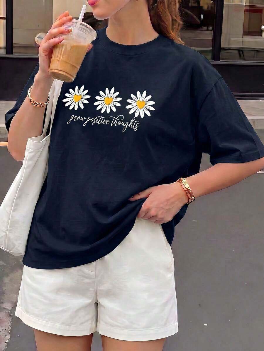 Camiseta de verano de manga corta estampada de TideWomen, tela de poliéster, estilo multifuncional, corte regular, peso 180 gramos, 1 unidad. A la moda, 100% algodón. - Azul oscuro - Ver 1