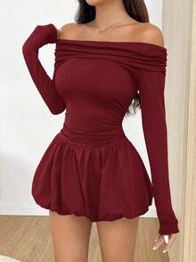 Vestido mini de manga larga de un hombro con volantes en el bajo para mujer, para primavera y otoño - Burdeos - Ver 4
