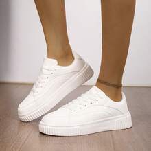 Zapatillas casuales unisex, zapatos planos con cordones, zapatillas de moda, zapatos vulcanizados de corte bajo, adecuados para primavera y otoño - Blanco - Ver 4