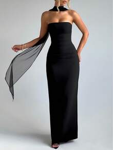 Vacation Outfits Women Black Strapless Maxi Dress With Sheer Drape, Summer Elegant Evening Gown - 黑色 - 查看 10
