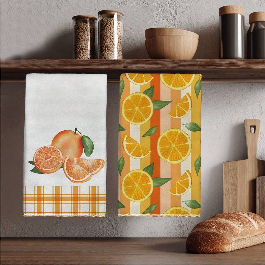 2pcs Kitchen Towels, Summer Striped Plaid Orange Print, 40*60cm Modern Style Rectangular Super Soft Fiber Kitchen Towels, Dish Cloths, Hand Towels, Kitchen Decor, Housewarming Gift, Suitable For Kitchen And Bathroom, Great For Housewives And Family Gatherings, High Cost-Performance, Household Essential - Orange - View 1