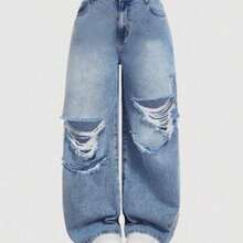 MOD Plus Size Women Casual Loose Fit Distressed Wide Leg Jeans, Blue Summer,Vacation,Easter,Spring,Western,Office,Rave,Cottagecore,Country,Old Money Style Women,Going Out,,Festival,Rodeo,Airport,,Tropical Vacation,Nashville,European Summer,Concert,Cowgirl,Graduation,Elegant,Resort Wear Women,Business Casual Woman,Western Wear Women,Y2k,Y2k,Old Money Style Women,Holiday,Church,Airport /Airport Baggy Jeans - Lavado medio - Ver 1