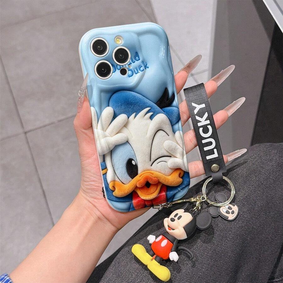 Disney Mickey Mouse Clubhouse Phone Case : 3D Fluffy Pattern Border Protector Phone Soft Phone Case With A Free Cute Mickey Bracelet Chain Lanyard, Mickey, Minnie, Goofy, Donald Duck, Daisy Duck, Pluto, For Apple 17 Promax 17 Pro 16 15 14 13 12 11 Pro Max XS Max X XR Soft Cover Summer Phone Case - 白色 - 查看 1