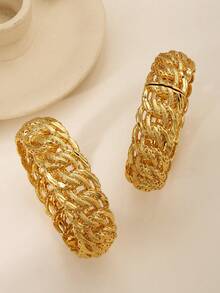 1pc Vintage Ornate Copper-Gilded Woven Bracelet, Hollow Wide Version Bracelet, Openable Bangle From Dubai, Suitable For Women's Weddings/Party Wye-Catching Jewelry, Unique And Grand Wristband - Yellow Gold - View 3