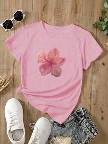 Camiseta oversize azul claro de verano para mujer con estampado de flor rosa Playera holgada de cuello redondo con diseño de flor hibisco rosa, estilo fresco y femenino Camiseta casual azul de manga corta con flor, ideal para looks de playa y verano - YH410 - Rosa - Ver 2