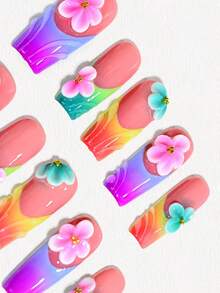 10Pcs Bright Rainbow Summer Handmade Medium Square Acrylic Press On Nails,Nude Pink,Multicolor Gradient French Tips,3D Pink Blue Flower,Gold Bead,Includes Manicure Tools,Unique Nail Set For Women And Girls,Suitable For Beach Vacation,Summer Party,Graduation Day - Màu be - Xem 3